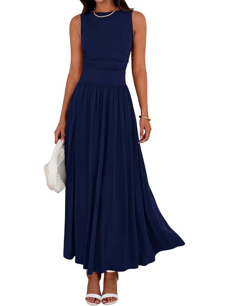 Women's Navy Blue Spring Sleeveless Casual Ruched High Waisted Long Beach Dress